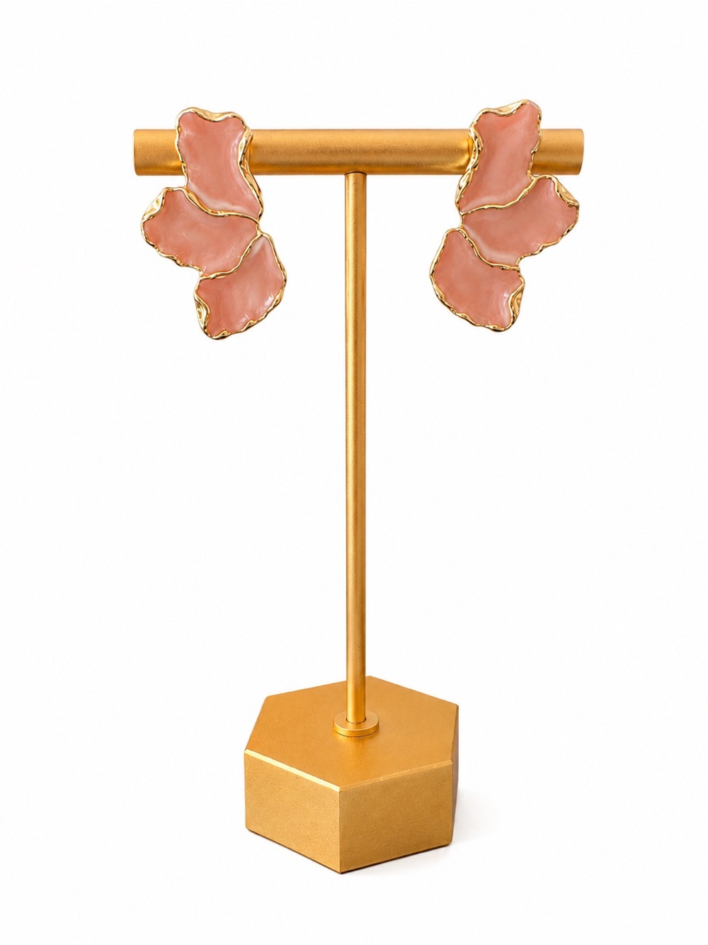 NEW Statement Earrings – Pink Enamel‎ Gold Tone Organic Petal Studs